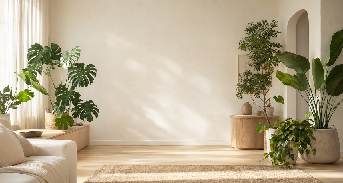 Bright, warm modern interior with lush indoor plants